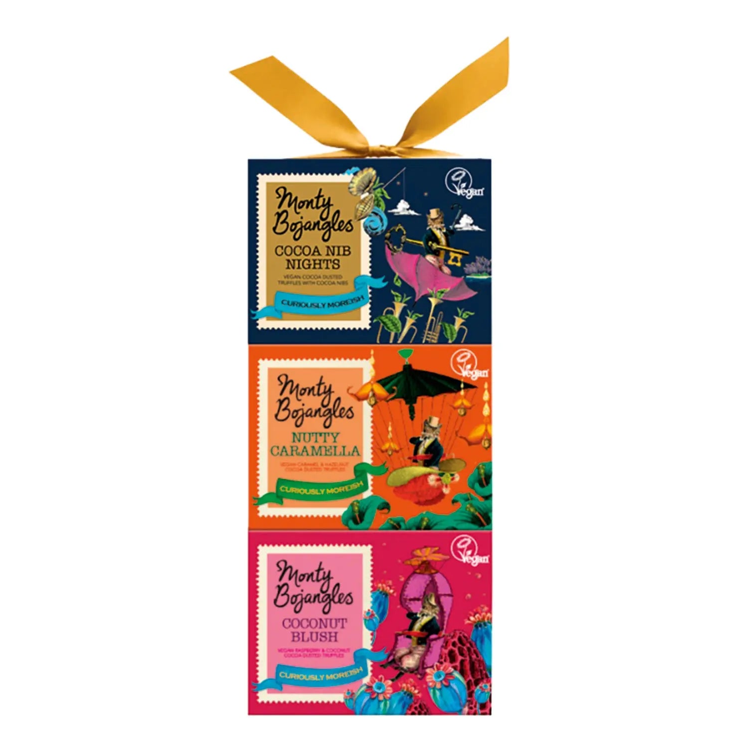 Vegan gift tower - Cocoa Nib Nights, Coconut Blush and Nutty Caramella cocoa dusted truffles 3 x 100g Jag Couture London - New York
