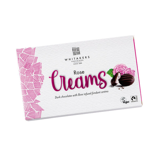 Whitakers dark chocolate covered rose fondant creams in carton