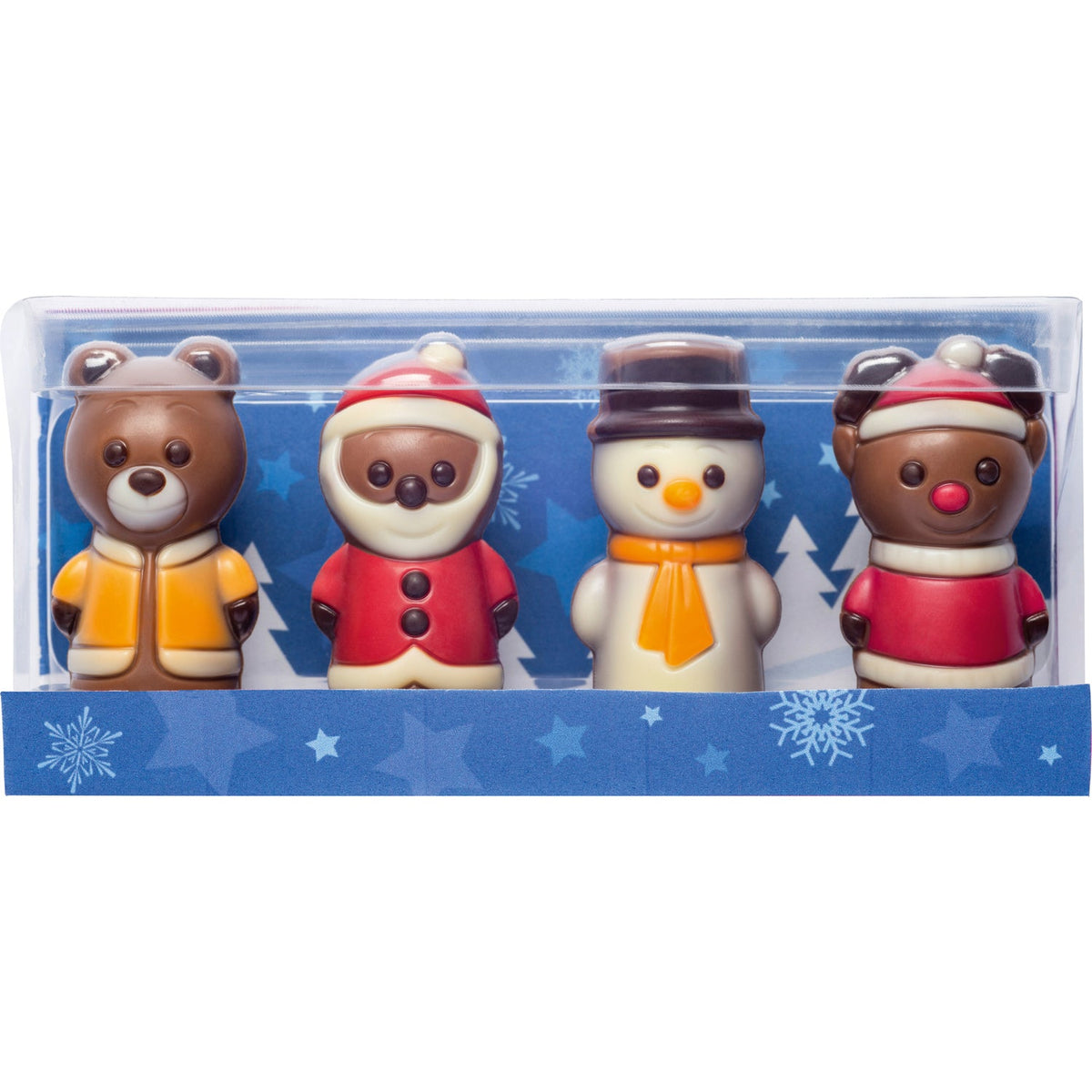 Decorated hollow milk chocolate Christmas figures in cello gift box - 65mm