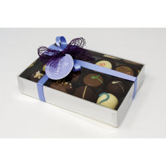 Jag Couture London - New York 12 handmade English truffles and chocolates in silver gift box with menu tag