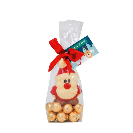 Jag Couture London - New York Hollow Belgian milk and white chocolate mini happy Santas on gold foiled milk chocolate balls in gift bag - 6 of each