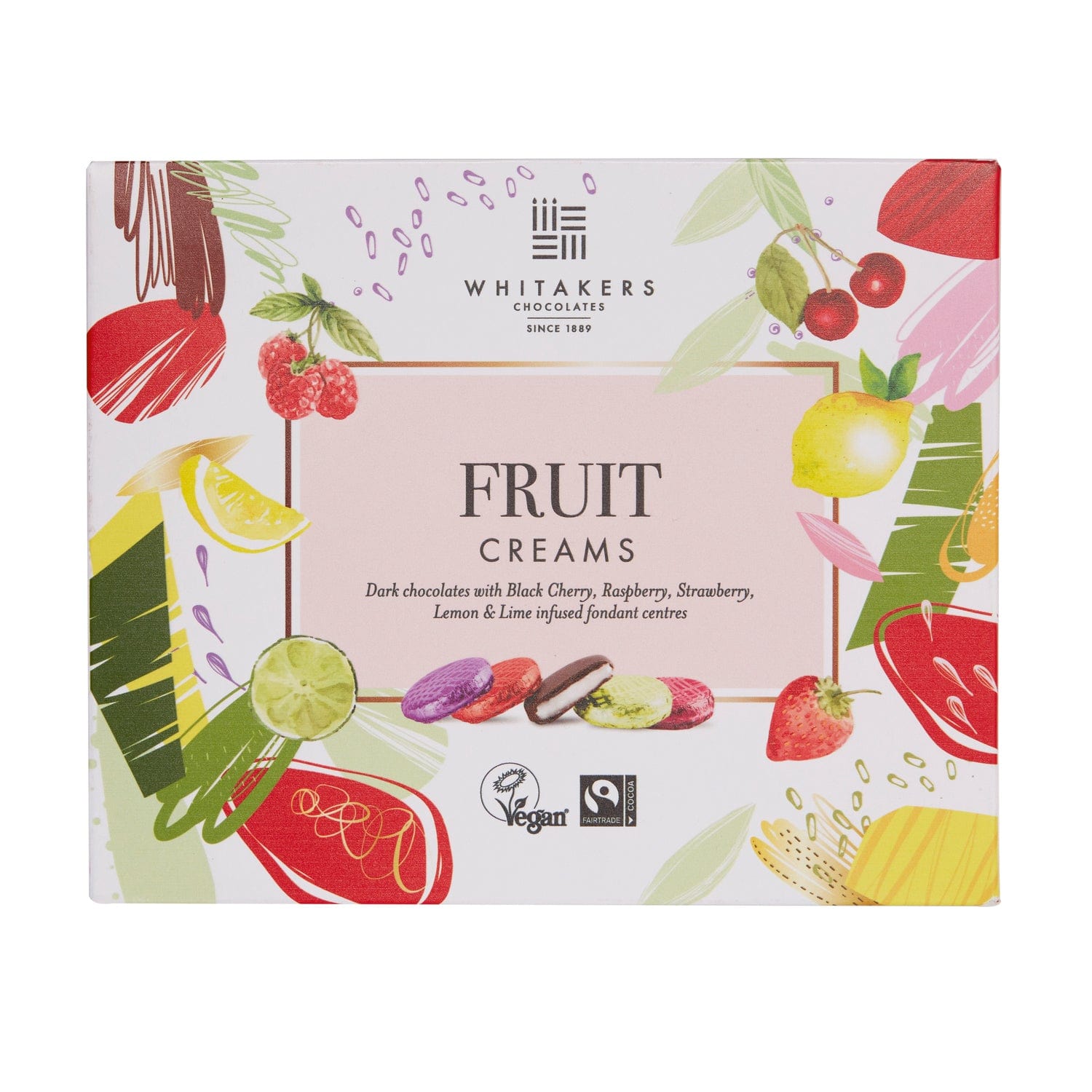 Jag Couture London - New York Whitakers foiled dark chocolate fruit creams in carton - black cherry, raspberry, strawberry, lemon & lime