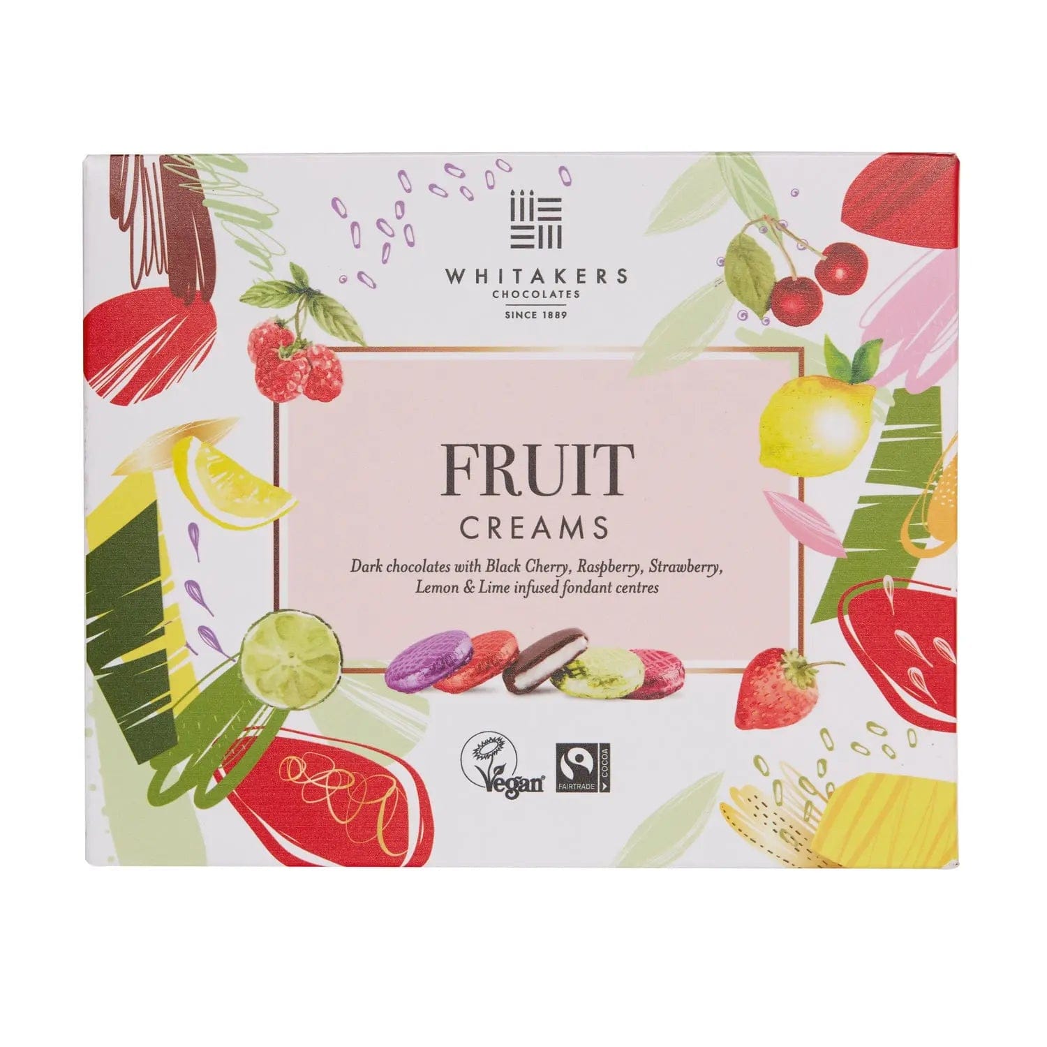 Jag Couture London - New York Whitakers foiled dark chocolate fruit creams in carton - black cherry, raspberry, strawberry, lemon & lime