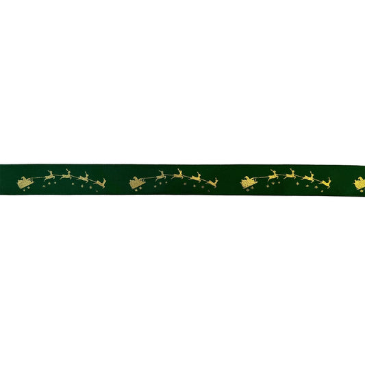 Jag Couture London - New York Winter green single faced satin ribbon with gold Santa on sleigh